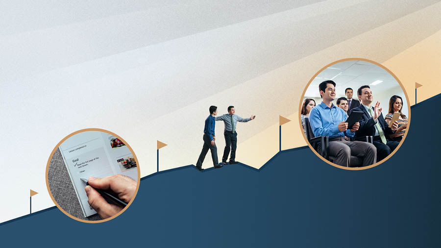 Bir birader ve inceleme yaptığı kişi bazı işaretleri geçerek bir tepeye çıkıyor. Resimler: 1. İnceleme yapan kişi erişmek istediği hedefi ‘Sonsuza Dek Mutlu Bir Yaşam’ kitabına yazıyor. 2. İnceleme yapan kişi bir ibadete katılıyor.