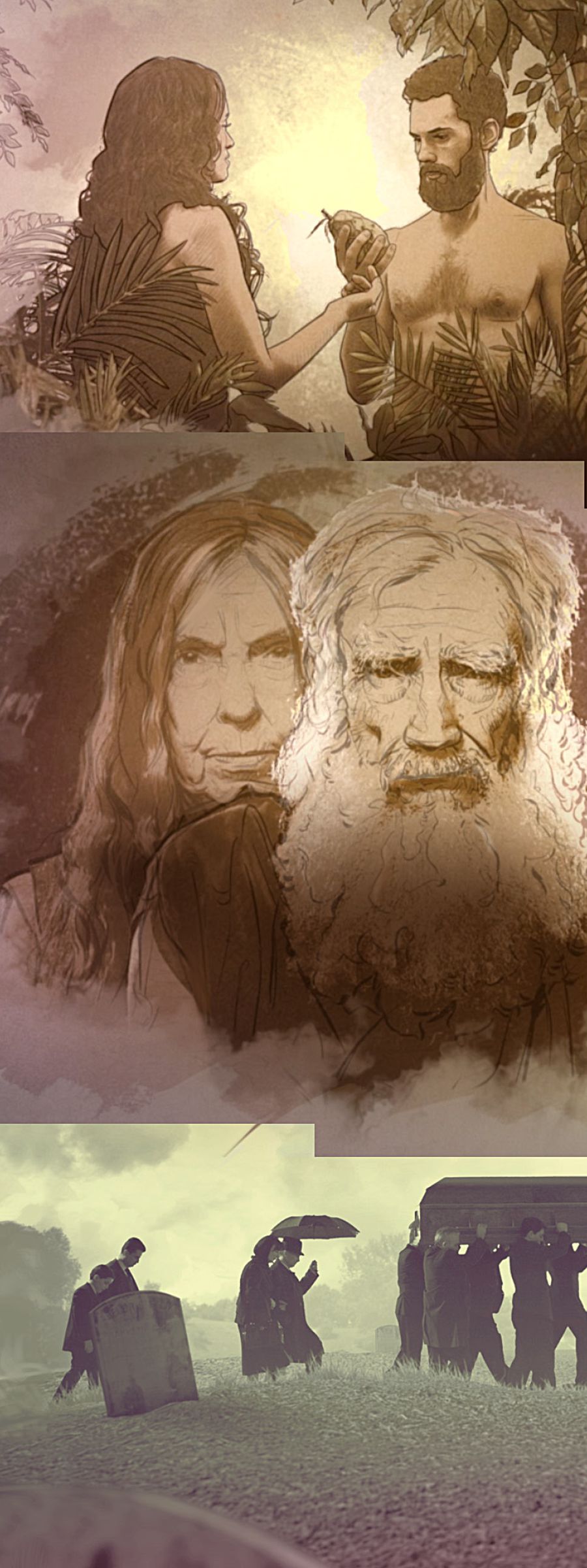 Âdem ve Havva yasak meyveye bakıyor; Âdem ve Havva yaşlanmış; mezarlıkta bir tabut taşınıyor