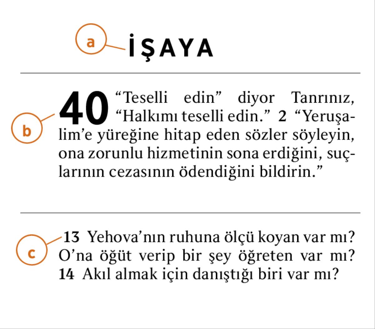 Kutsal Kitaptan a) kitabın adını b) bölümü ve c) ayeti nasıl bulabileceğimiz gösteriliyor