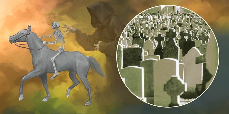 Soluk renkli atın binicisi hastalık ve diğer nedenlerden kaynaklanan ölümü simgeler, ardından gelen Mezar ölümün kurbanlarını toplamaktadır