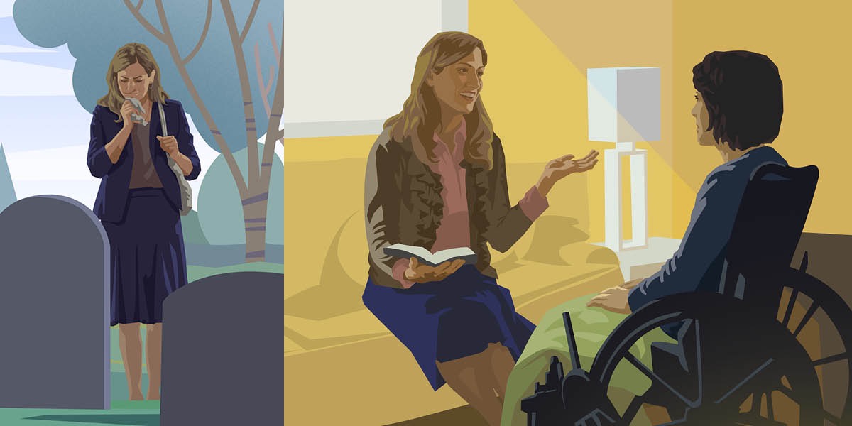 Mezarlıkta üzgün bir kadın, Kutsal Kitaptaki iyi haberi dinleyen tekerlekli sandalyedeki bir kadın