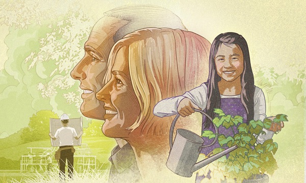 Un omo e una fémena drio vardar par el futuro con otimismo; una toseta drio darghe àqua a una piantela; persone drio far una casa