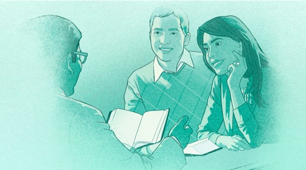 Gióveni pena maridadi drio ricever consilii de un ansiano cristian; lori i ze drio leder la Bìblia insieme