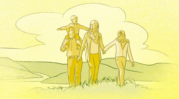 Una fameia felice drio disfrutar un momento insieme fora de casa in un bel posto