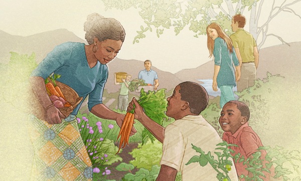 Persone drio goder la vita nel paradiso nela tera, soto el Regno de Dio