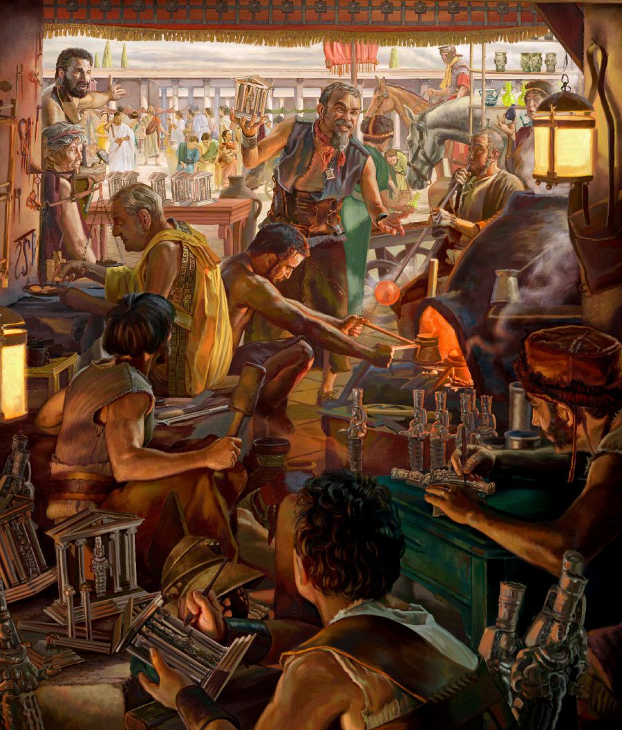 Demétrio, com uma imagem de Ártemis na mão, falando com raiva para outros prateiros numa loja em Éfeso. No fundo, Paulo prega a pessoas reunidas na praça principal.