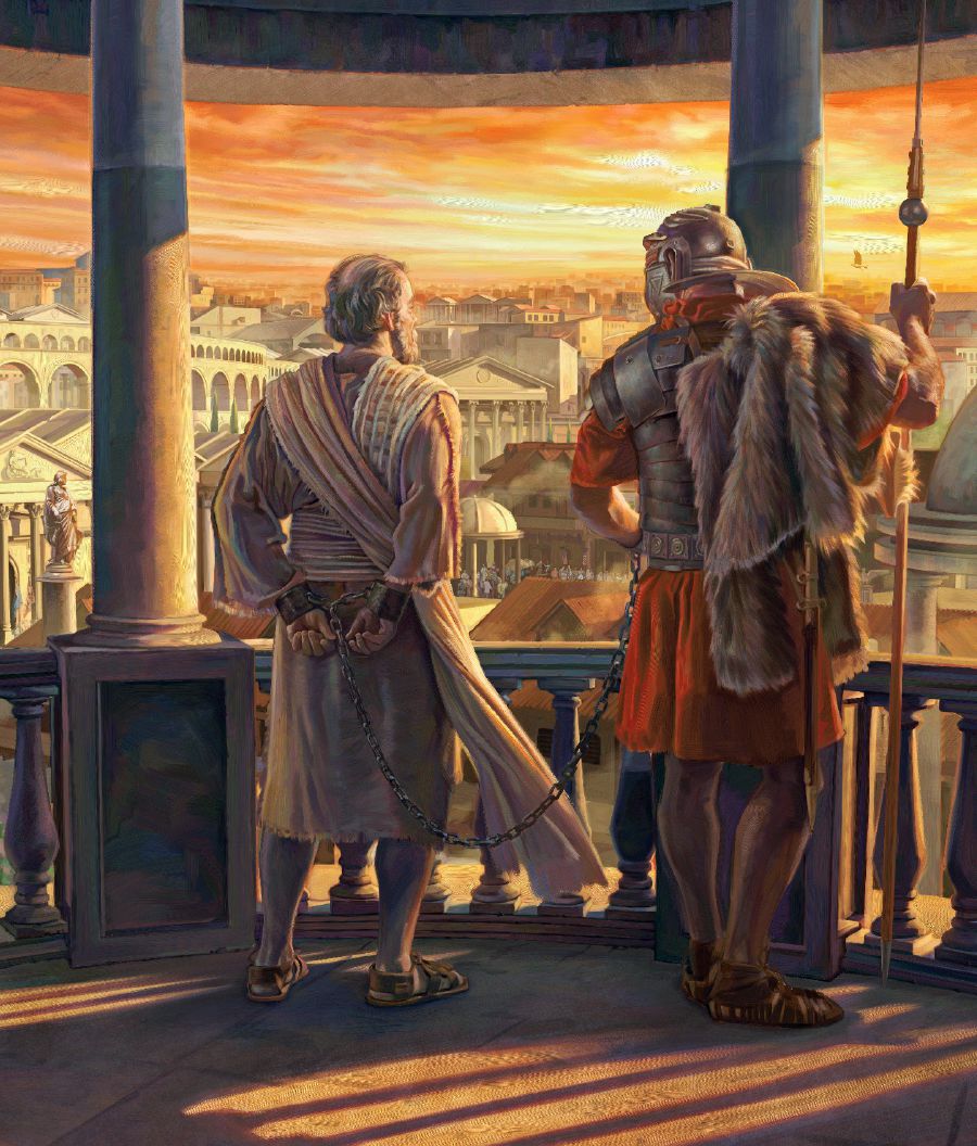 Paulo em uma sacada olhando para a cidade de Roma enquanto está acorrentado a um soldado.