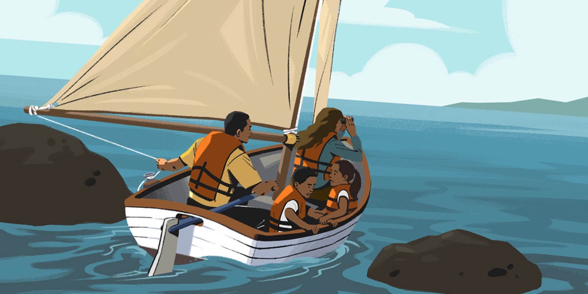 Una fameia nte un barco con un leme