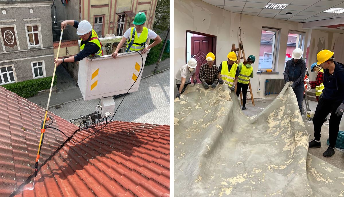 Ritrati: 1. Due fradei i ze drio lavar el querto de un Salon del Regno. 2. Nel stesso Salon, fradei i ze drio cavar via el carpete vècio.