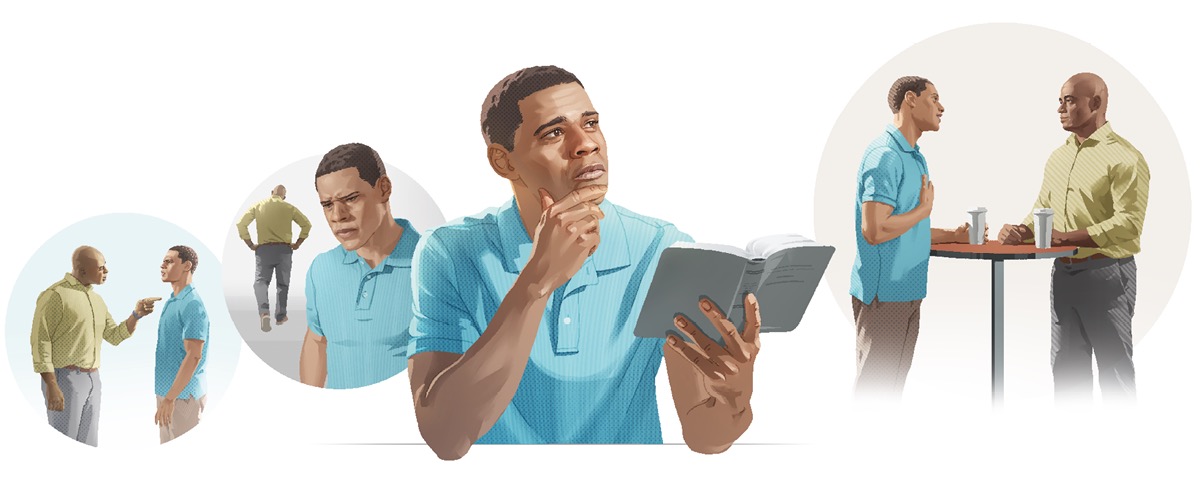 Ilustrassion: Un fradel el mantien la pace. 1.  Nantro fradel el ghe dise su a lu. 2.  Lu el pensa sora quel che el fradel el ghe ga dito. 3.  Lu el pensa nel consìlio dela Bìblia sora cossa far quando el fradel ghe dise su. 4.  Lu el va insieme del fradel par bever un cafè e far la pace.