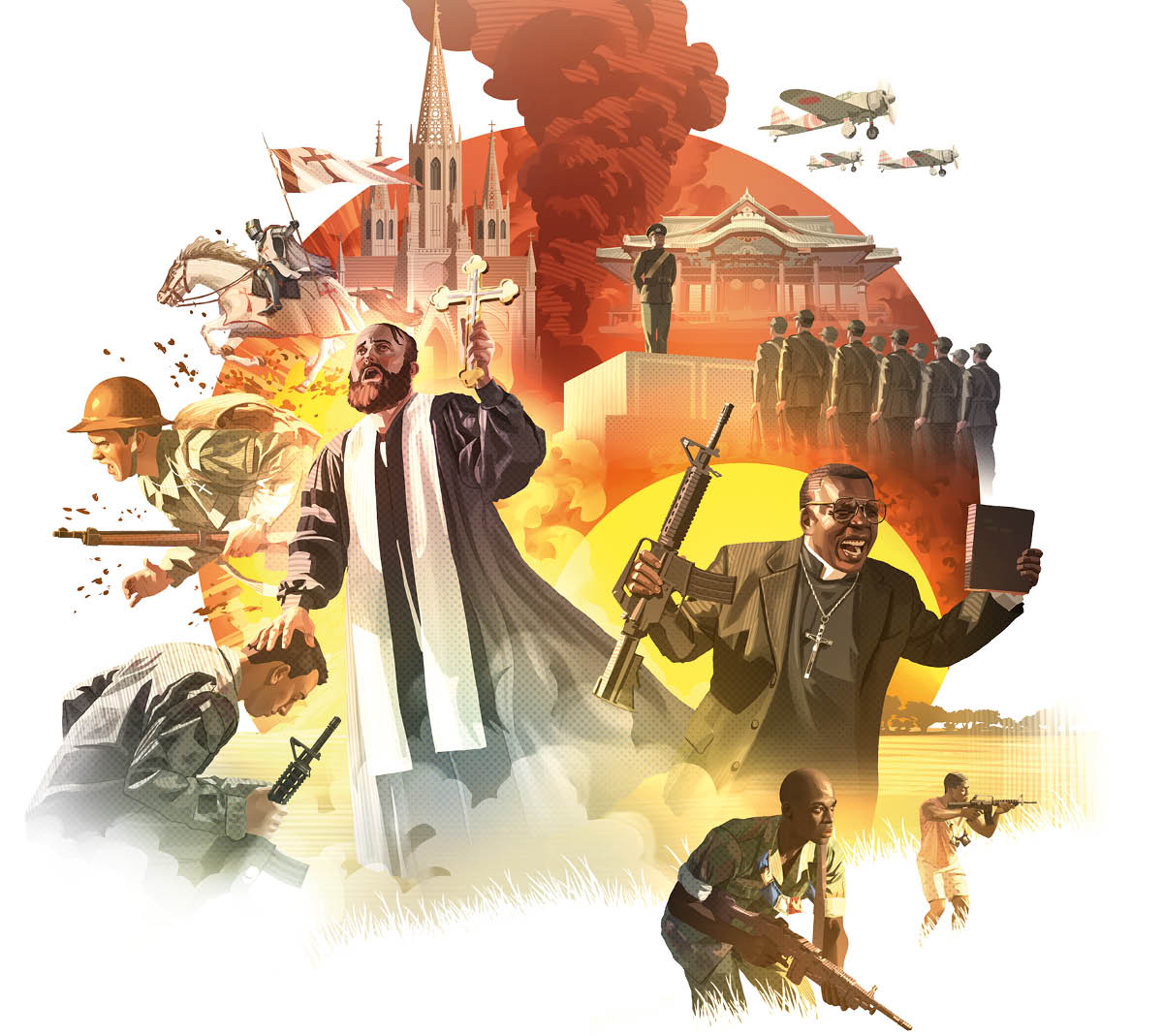 Ilustrassion: Una ciesa e un témpio. Intorno ghen’è tanti esémpi che le religion false le giuta nele guere par tanti ani. 1.  Le Crusade. 2.  Prima Guera Mondial. 3 Un prete el benedisse un soldà. 4.  Guera nte una tribo dela Àfrica.