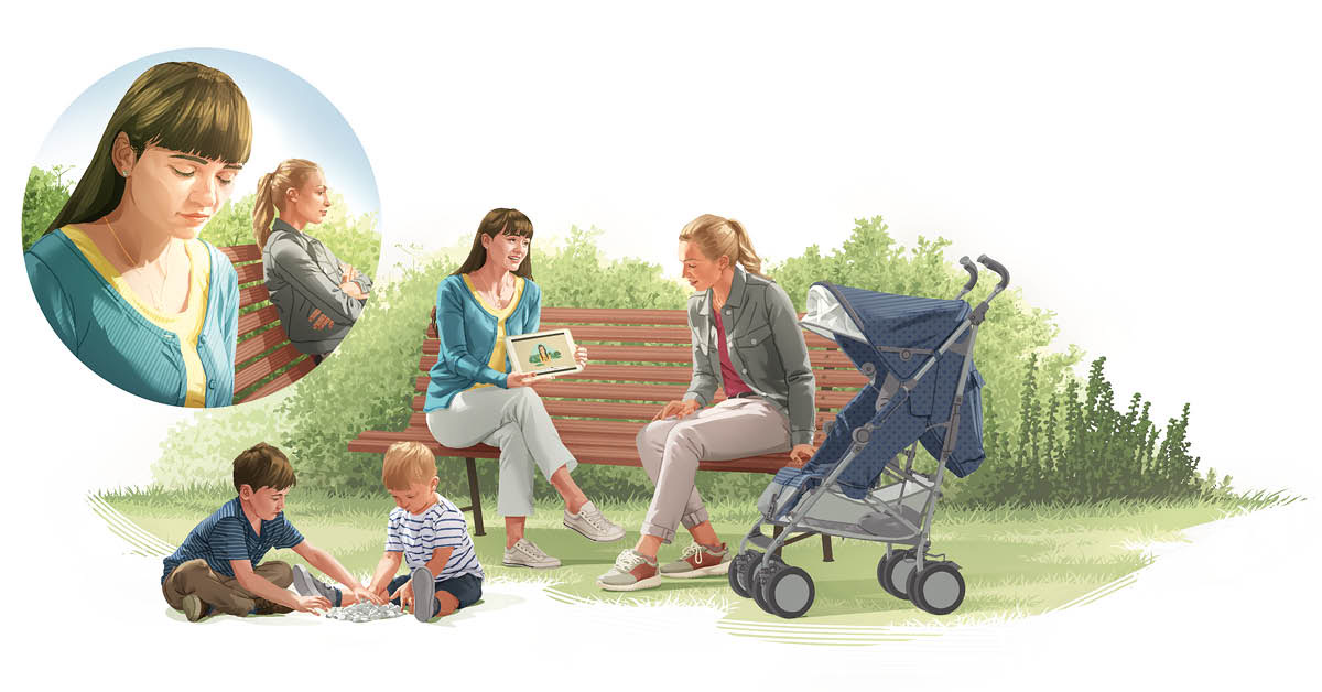 Ilustrassion: Una studiante dela Bìblia la ze drio predicar a una dona nte una piassa. 1.  La studiante dela Bìblia la prega. 2.  Ela la parla sora qualcossa che la ga imparà nela Bìblia.