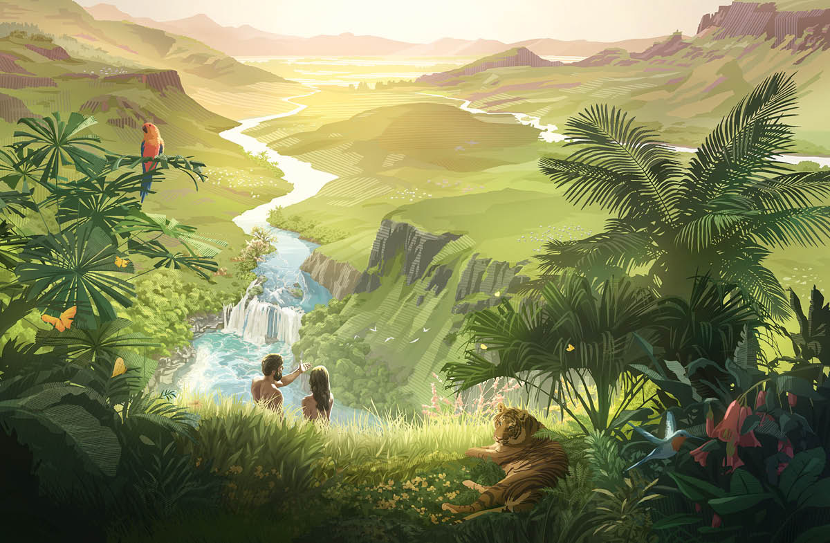 Adon e Eva i ze drio vardar el bel paradiso che i stea, con bele piante e bèstie.