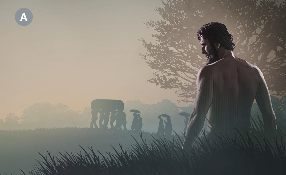 A. Ilustrassion: 1.  Adon dopo che el ga desobedio a Dio. 2.  I ze drio portar una persona morta nte un funeral.