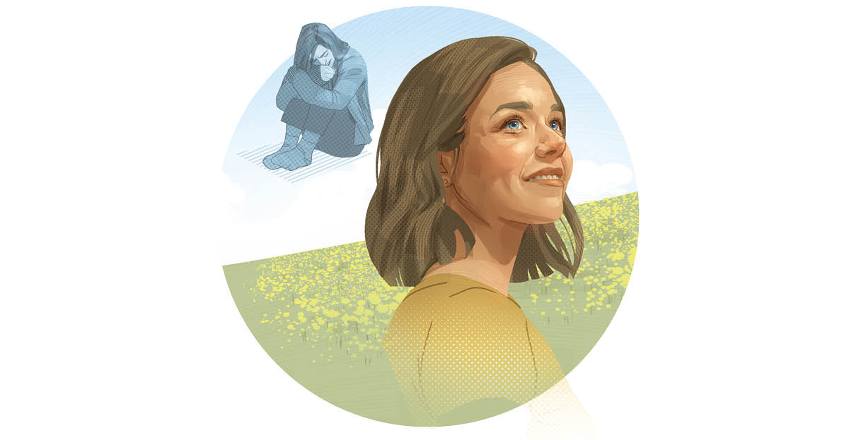 Una dona, che la era deprimida, adesso la ze contenta.