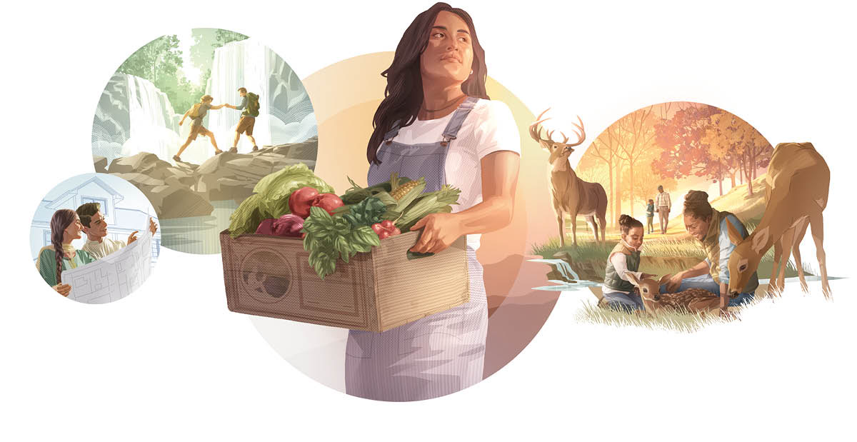 Ilustrassion: Le persone le vive felice par sempre. 1. Un omo e una dona i ze drio caminar darente de un rio. 2. Un omo e una dona i varda come sarà la so casa nova. 3. Una dona la ga una cassa piena de verdure. 4. Una mama e la so fiola le ze insieme con una bèstia . Un pare el parla col so fiol.