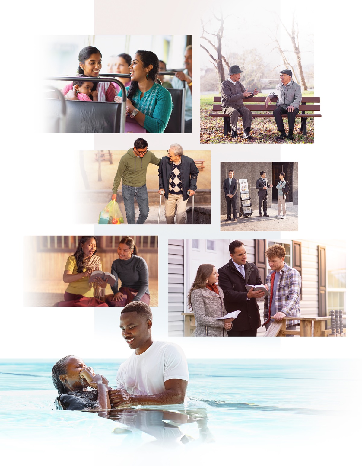 Stampe: Le Testimònie de Geovà le mostra amor e insegna ale persone a far compagno Gesù.1. Una sorela la parla con una dona nel ònibus. 2. Un fradel pi vècio el parla con un omo nte un piassa.3. Un fradel gióveno el giuta un omo pi vècio a portar le compre. 4. Un fradel el parla con un gióveno nela predicassion informal. 5. Una sorela lede un testo par una tosa. 6. Un casal el lede un testo a un omo nela predicassion de casa in casa. 7. Un fradel el batesa una nova sorela.