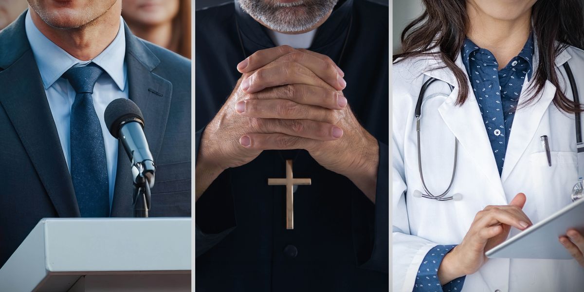 Ilustrassion: Persone che le gavaria de esser de fidarse: 1. Un polìtico davanti un micròfono. 2. Un prete cole man tacade. 3. Una sientista che la tien anotassion in man.