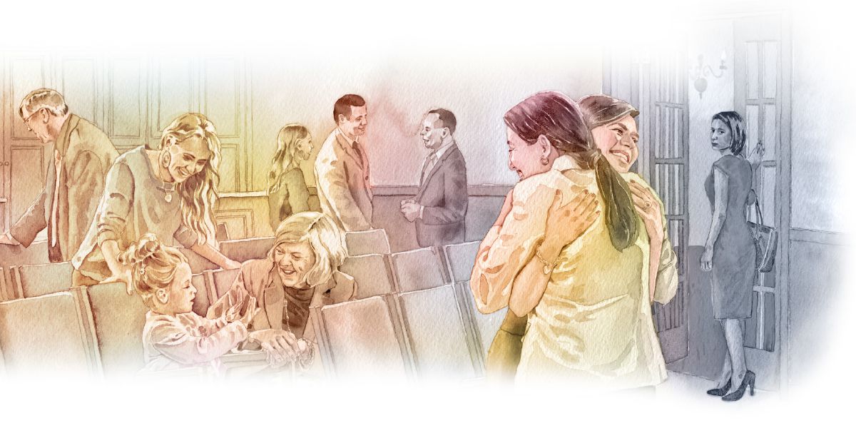 Una dona desassossiada la va via del Salon del Regno ntel fin dela riunion; ela la varda i fradei che i ciàcola