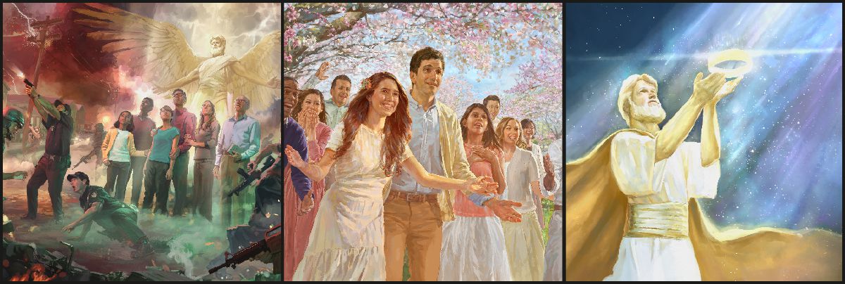 I àngeli i protege el pòpolo de Geovà durante la grande tribolassion; persone nel Paradiso; Gesù ghe dà indrio la so corona e el Regno a Geovà Dio