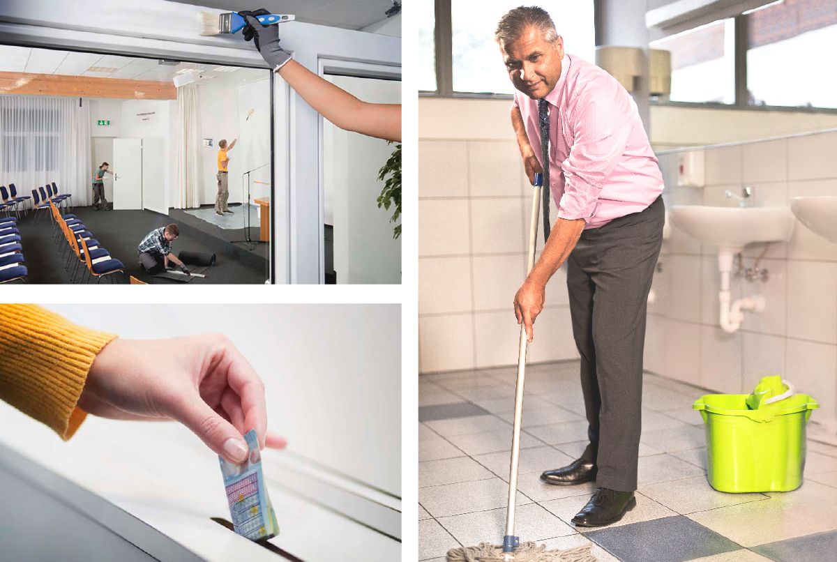 Fradei e sorele i tende del Salon del Regno, un fradel el neta el bagno e una dona la fà una contribussion