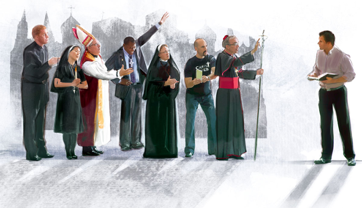 Un grupo de religiosi i crìtica un fradel con una Bìblia in man