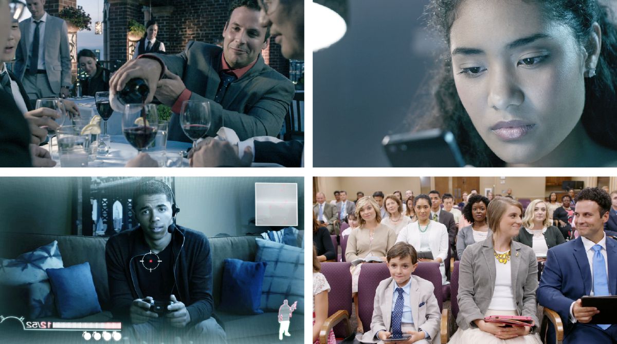 Lu el serve vin par i so clienti nel restaurante; ela la varda le rede sossiai; lu el giuga nela internet; tuti nela riunion