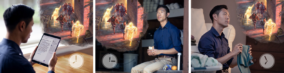 Tre foto che mostra un fradel che el lede el testo del giorno e el comentàrio e el ghe pensa sora durante el giorno. 1. Fin che el lede, lu el imagina la sena dei àngeli che i mena Lò e la so fameia fora de Sodoma. 2. Fin che el magna nela pausa del laoro, lu el seita imaginarse quel che el ga ledesto de matina. 3. Casa, de sera, lu el seita pensarghe sora quel che el ga ledesto metendo a posto le robe.