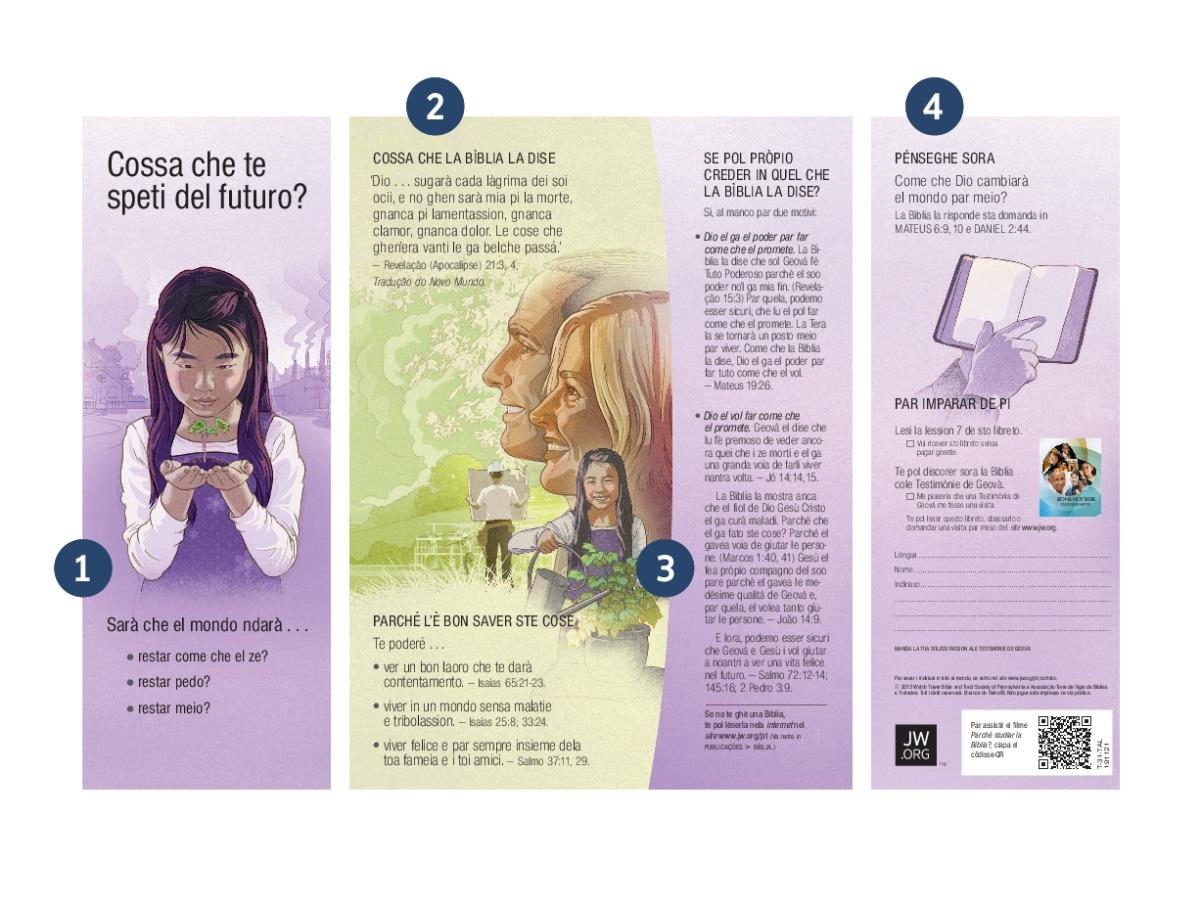 El foieto ‘Cossa Che te Speti del Futuro?’ coi nùmeri de un a quatro mostrando quatro caraterìstiche del foieto.