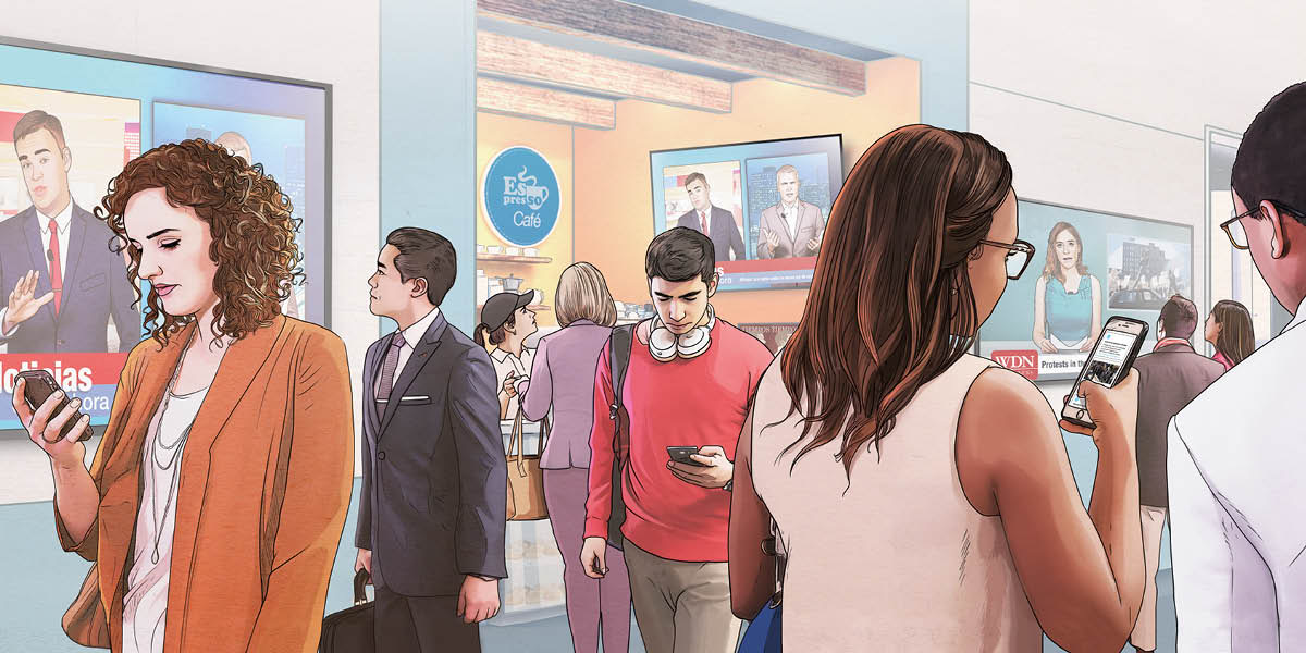 Persone le varda le notìssie nte un selular intanto che altre le vede nte una television granda.