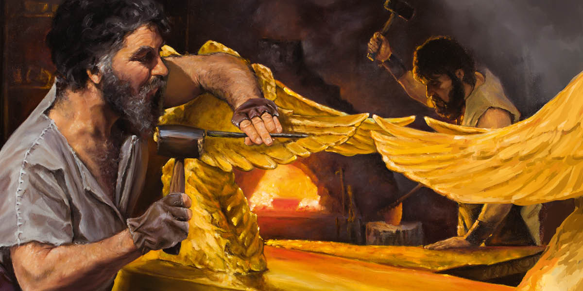 Bezalel e Ooliabe i ze drio far i utensili de oro par el tabernàcolo. Un l’è drio far i detali dela ala de un cherubin intanto che el altro l’è drio bater el oro col martel.