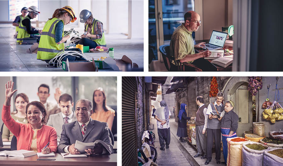 Stampe: Fradei e sorele i ze drio laorar ntele so designassion. 1. Sorele le ze drio laorar nte una costrussion. 2. Un fradel el se parecia par far el stùdio dela ‘Sentinela’. 3. Un fradel l’è drio predicar al paron de un comèrsio intanto che quelaltro fradel el varda se no ghen’è la polìssia darente. 4. Un casal el fà la Scola par Vangelisadori del Regno.