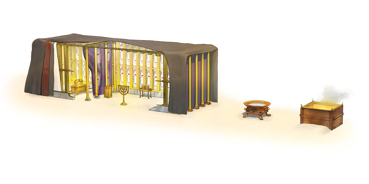 El tabernàcolo con una parte squerta par mostrar come l’è fato rento e la so strutura. Darente el tabernàcolo ghen’è el cadin de rame e el altar dela oferta brusada.