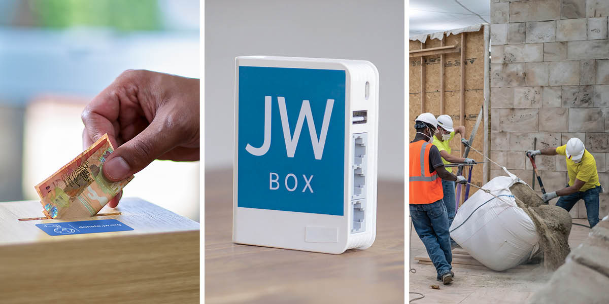 Stampe: 1. Un fradel el mete soldi nela casseta de donativi. 2. Un JW Box. 3. Fradei i ze drio far un vìdeo dela organisassion.