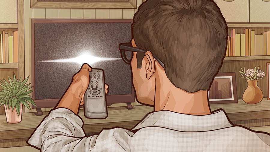 Un gióveno l’è drio smorsar la so television.