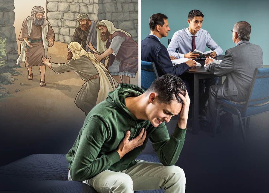 Un gióveno el se ga ciamà gramo par causa de un pecato che el ga fato. Stampe: Ndar in serca del perdon de Geovà. 1. Un israelita el se ga ciamà gramo e l’è ndato parlar coi ansiani nel porton dela cità. 2. El gióveno che el se ga ciamà gramo l’è ndà parlar con due ansiani.