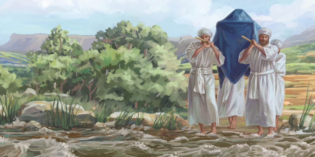 Sasserdoti i ze drio portar la Arca del Acordo fin la l’altra banda del rio Giordon che l’è pien de àqua.
