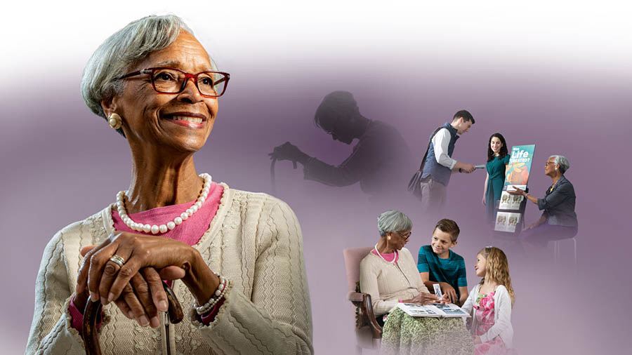 Stampe: Una sorela fedele la infronta le limitassion dela età. 1. Ela la se tien a un bastonet intanto che la prega. 2. Ela la predica nel careto con una sorela pi gióvena. 3. Ela la mostra arquante foto par toseti dela congregassion. 4. Ela la ze contenta.