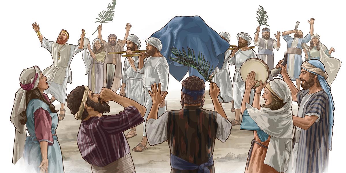 El rè Davi el canta e el bala con altri israeliti intanto che i leviti i porta la arca del acordo.