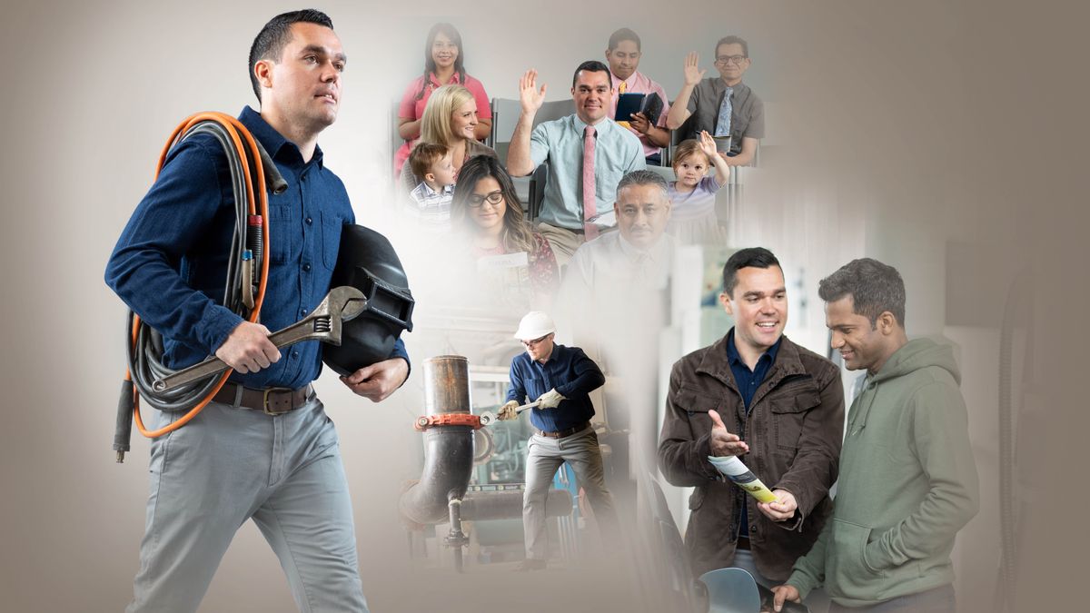 Stampe: Un fradel el se sforsa nel so laoro de incanador e in quel che el fà par Geovà. 1.  El camina cole so feramente in man. 2.  El dopera so feramenta par strucar un parafuso de un cano grando. 3.  Lu e so fiola i alsa la man par comentar nte una riunion. 4.  El dopera un foieto par predicar a un omo nel laoro.