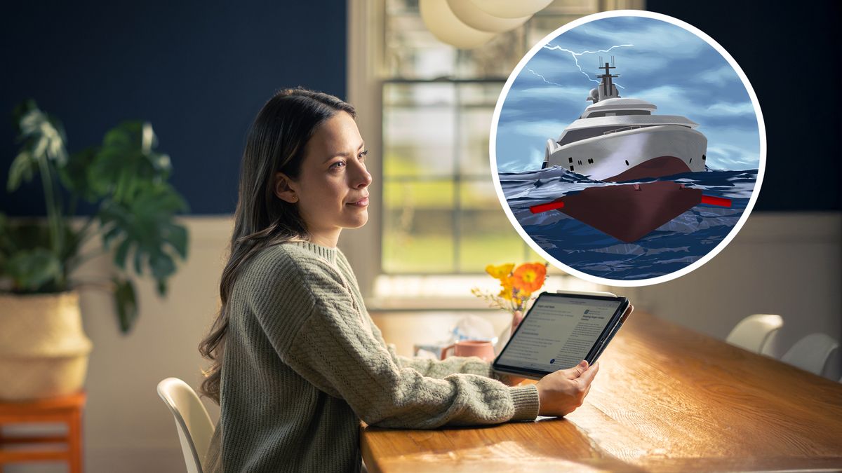 Una sorela la ghe pensa sora quel che la stùdia nel so tablet. Un desegno de un navio che el resta firme durante un temporal.