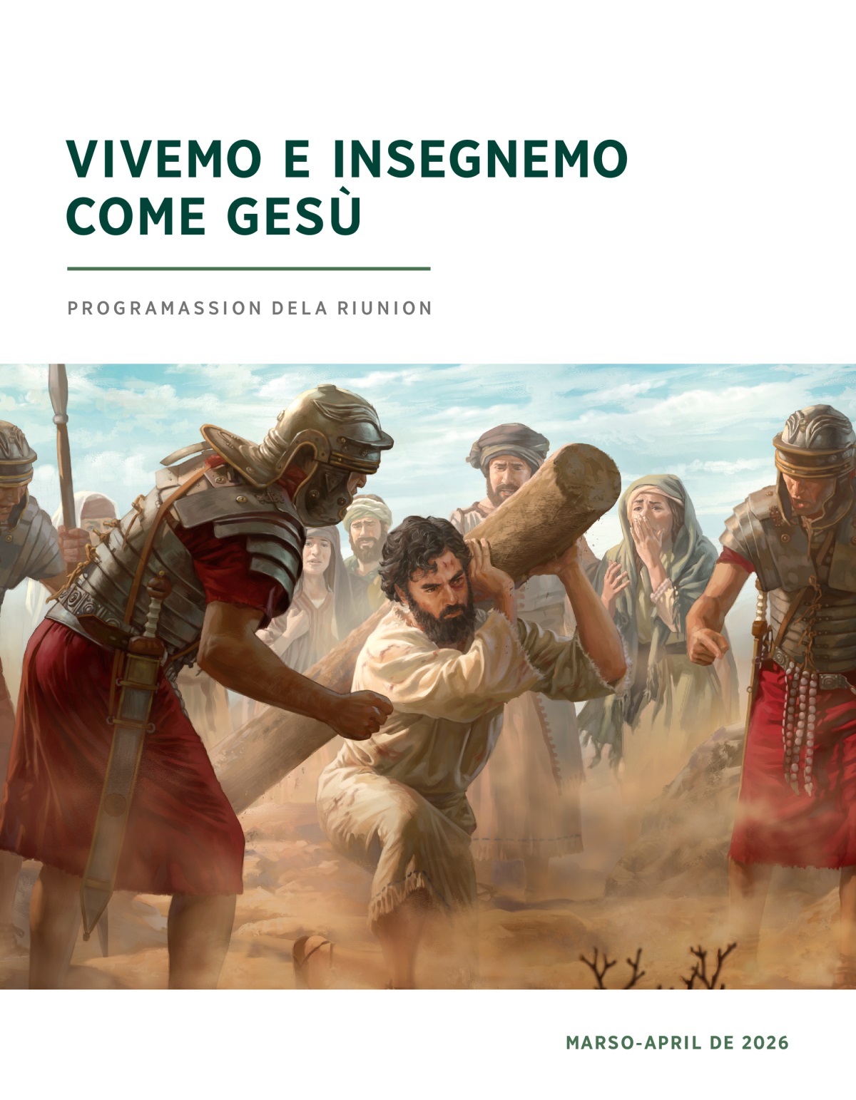 Gesù drio portar el so pal de tortura intanto che soldadi romani i osa con lu. Un grupo de giudei lo varda con tristessa.