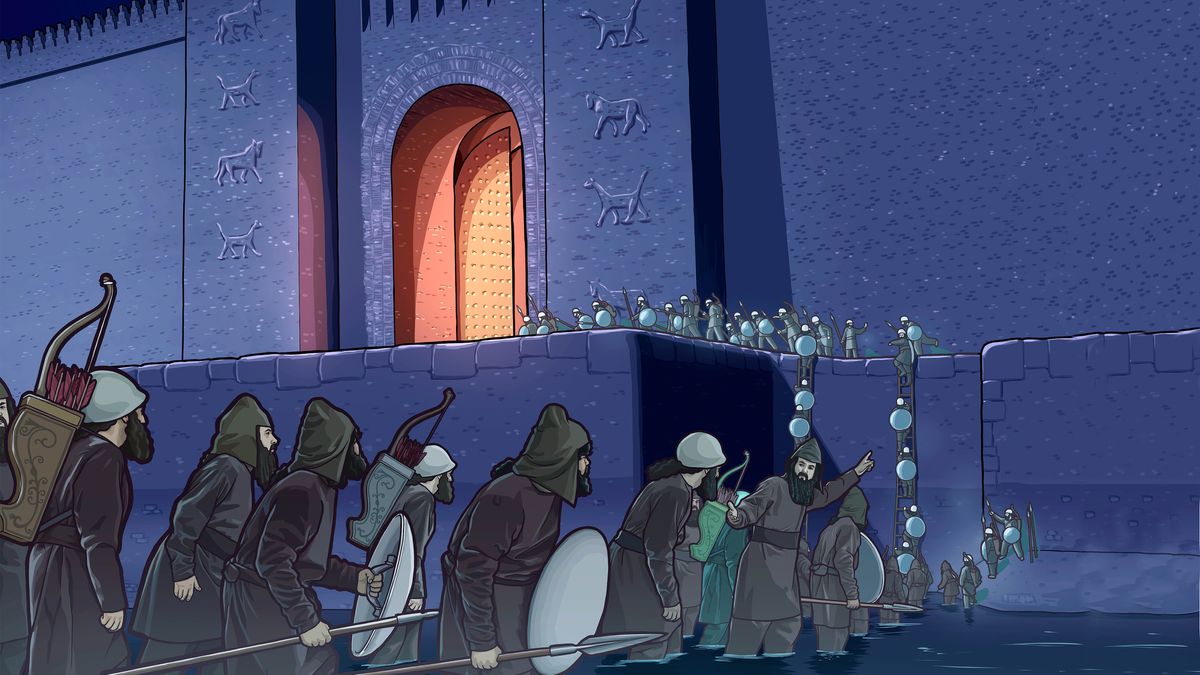 Soldadi drio travessar el rio Eufrate cola àqua par i denoci e drio ndar rento par i portoni verti de Babilònia.