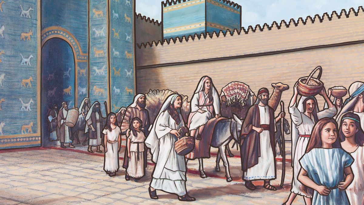 Una mùcia de israeliti drio ndar via de Babilònia par tornar a Gerusalen.