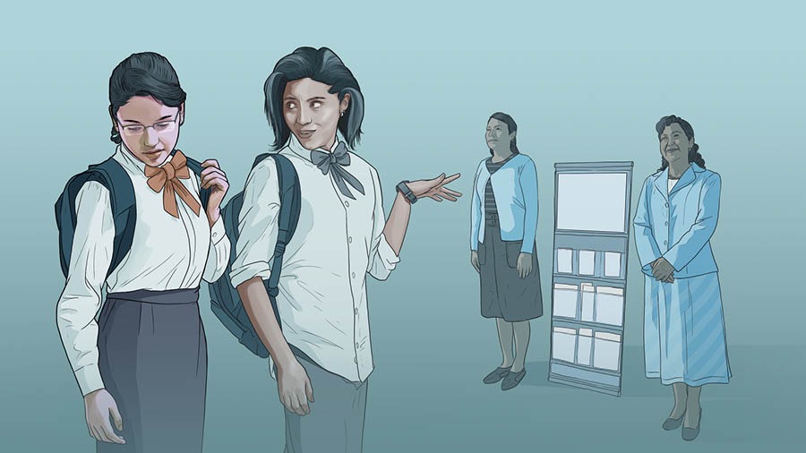 Una gióvena Testimònia de Geovà la ze insieme de una bruta compagnia. Ela la ga vergogna quando la vede due sorele nel careto