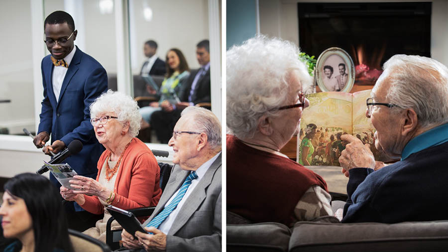 Ilustrassion: Un casal de età el seita servir a Geovà stesso cole dificoltà. 1 El casal l’è drio assister una riunion nel Salon del Regno. El sposo l’è contento de veder la so sposa che la ze drio partissipar nel stùdio dela ‘Sentinela’. 2. El medèsimo casal l’è sentà do insieme e i varda una ilustrassion del Paradiso nte una dele nostre publicassion. De drio ghen’è un ritrato de lori gióveni.