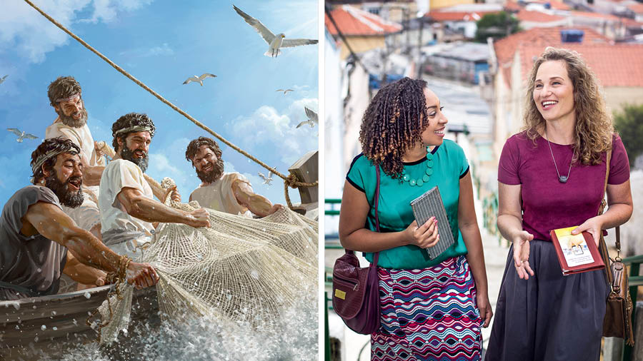 Ilustrassion: 1. Piero e i altri tre dissìpoli i fà sforso par tirar in su una rede piena de pessi. 2. Due sorele le ze contente intanto che le predica.