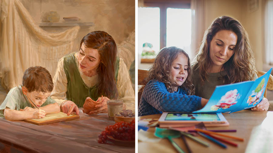 Ilustrassion: 1. Maria la giuta el gióveno Gesù a scriver un testo dele Scriture nte una tola. 2. Una mare la dopera una publicassion par toseti par insegnar la Bìblia ala so fiola.