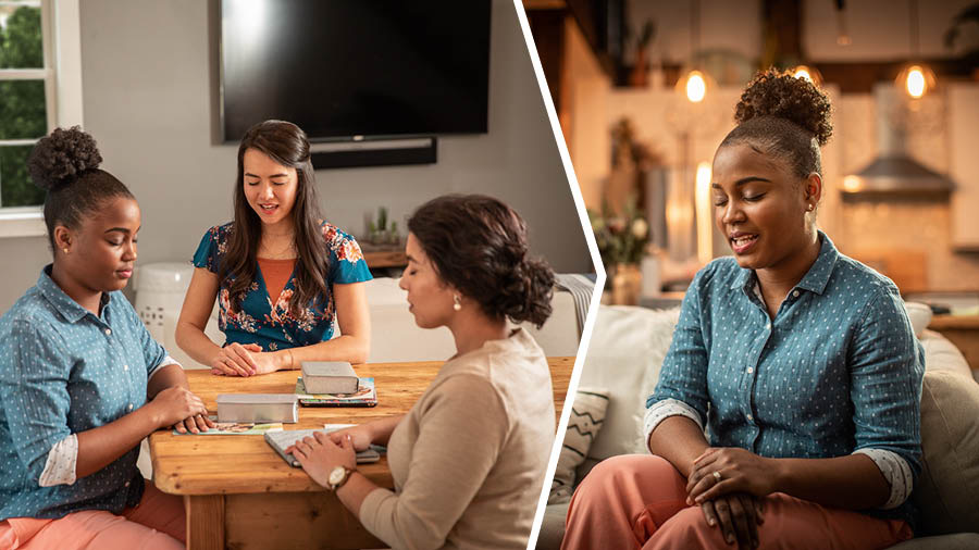 Ilustrassion: 1. La sorela la ze drio pregar cola studiante vanti del stùdio. 2. Dopo, la studiante la fà la so orassion.