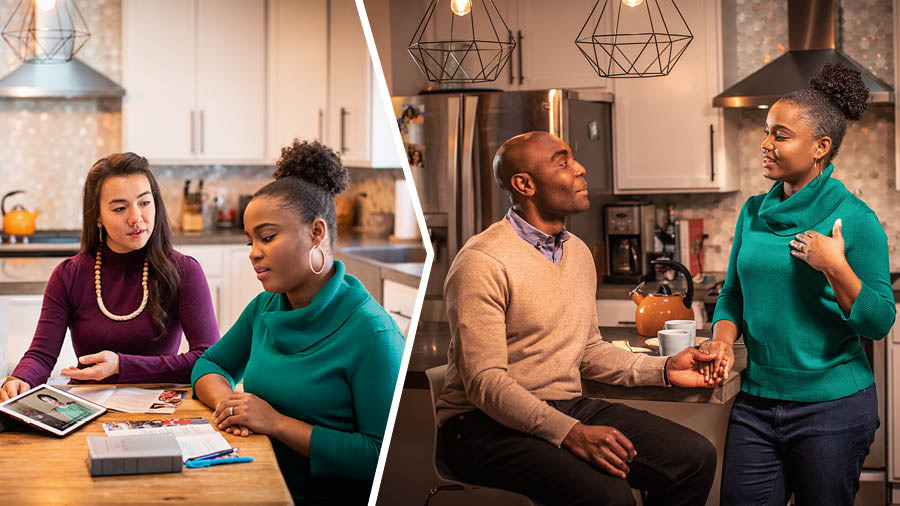 Ilustrassion: 1. La sorela la mostra un vìdeo che el parla del esémpio de una sorela. 2. La studiante la spiega al so sposo quel che ela la ga imparà.